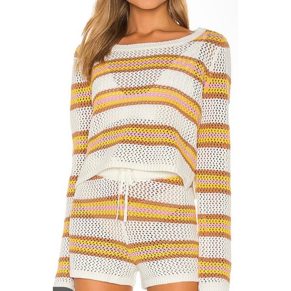 L*Space Horizon Women Striped Open Knit Cropped Sweater Boho Medium Cream Multi